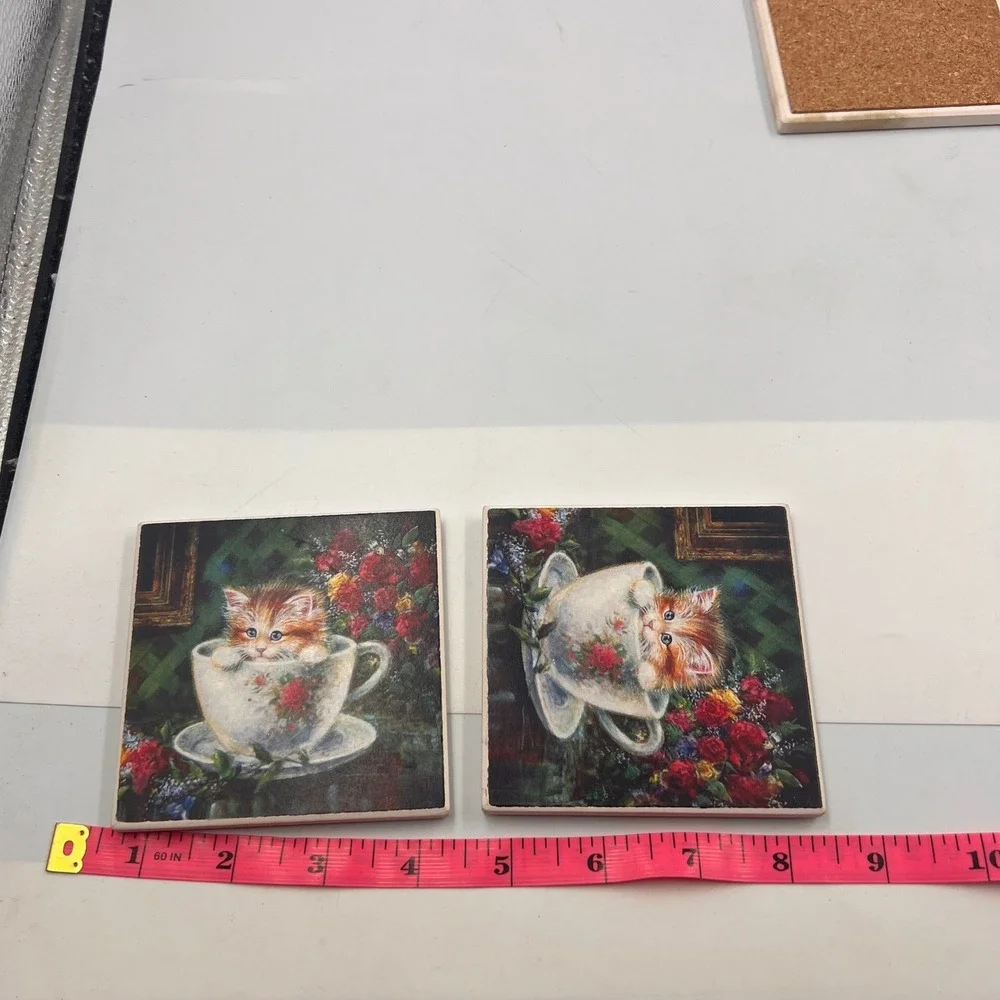 Vintage Ceramic Kitten in Teacup Coasters Set of 4 Cork Backed Cat Floral Art